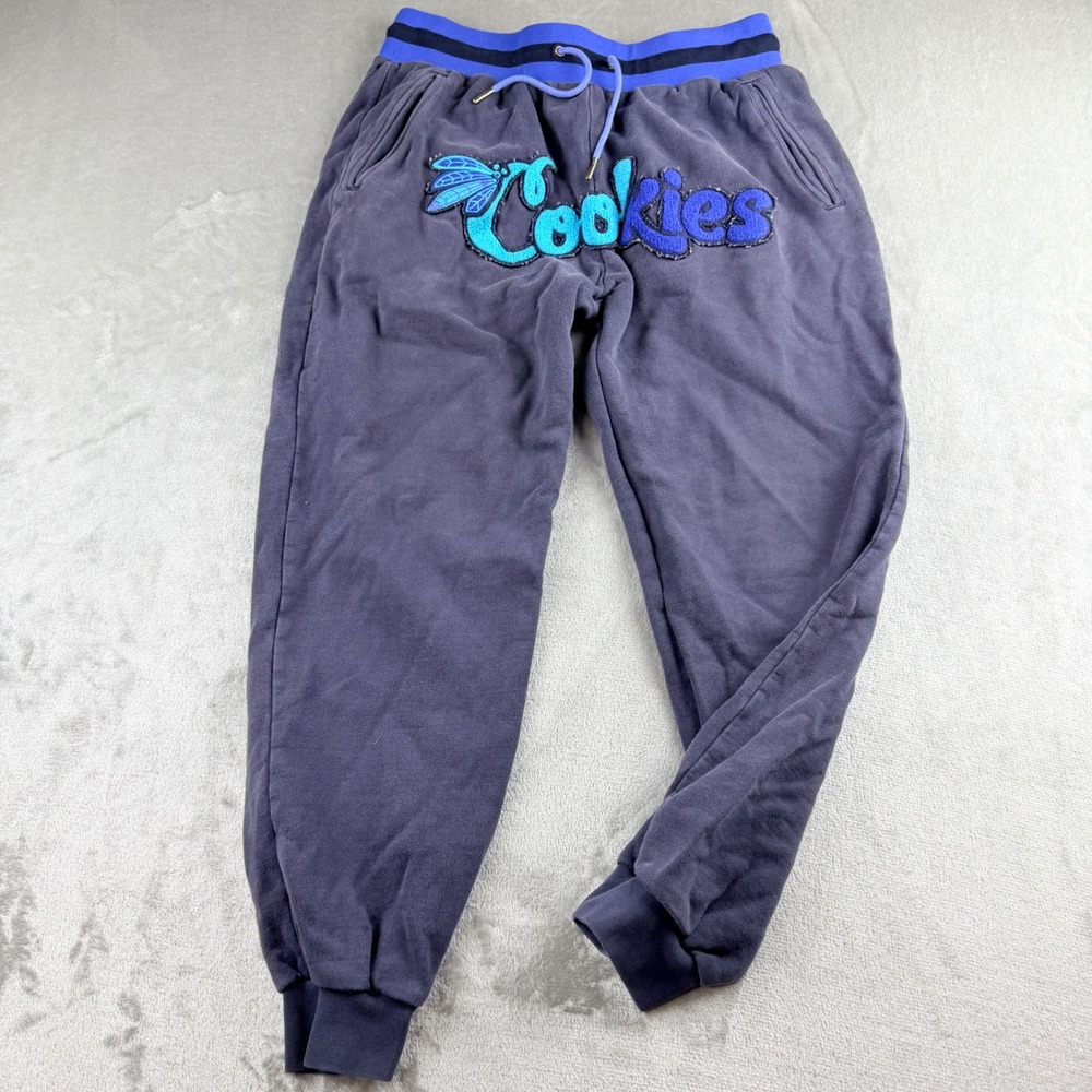 Cookies Men's Large Blue Fleece Jogger Sweatpants Chenille Logo Drawstring